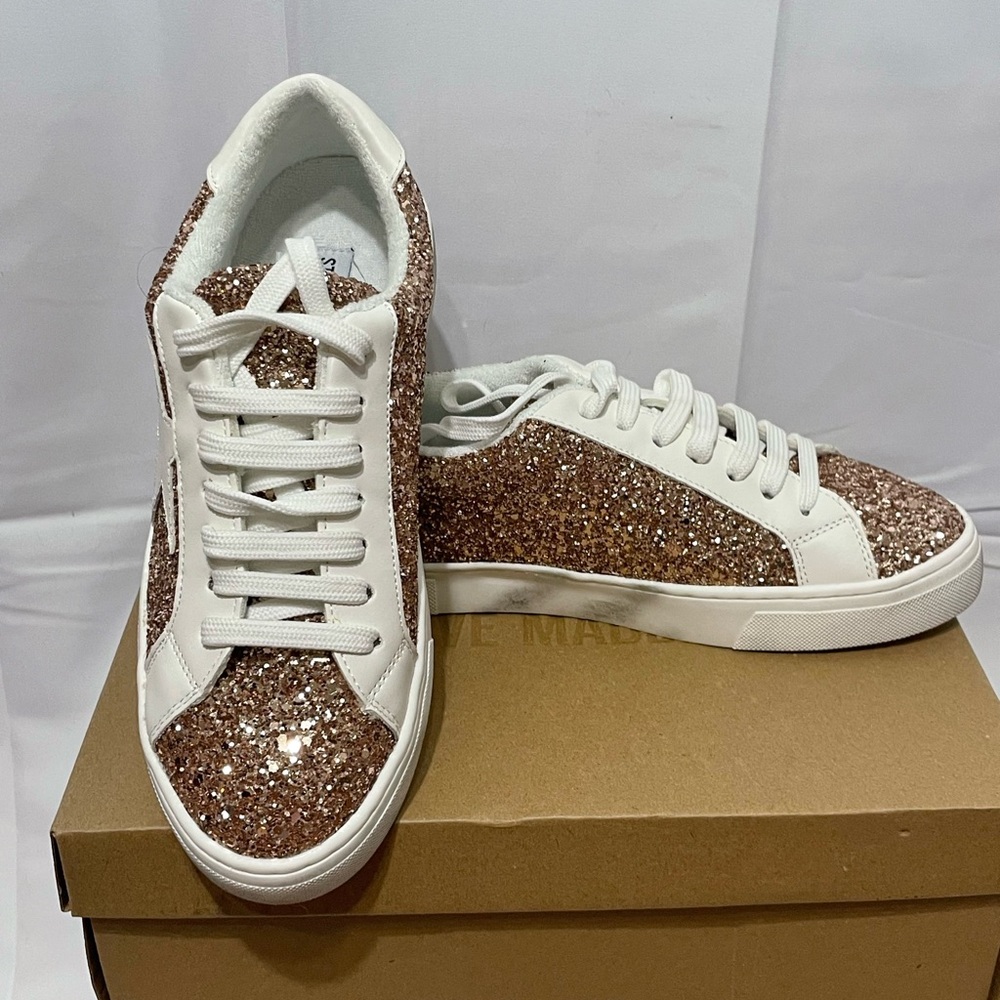Steve Madden Rose Gold Glitter Low-Top Sneakers with White Accents